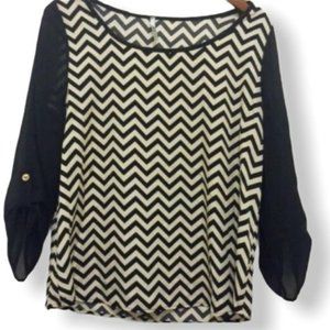 Mitto to the World | Black & Tan Striped Long-Sleeve Chevron Blouse | Sz L